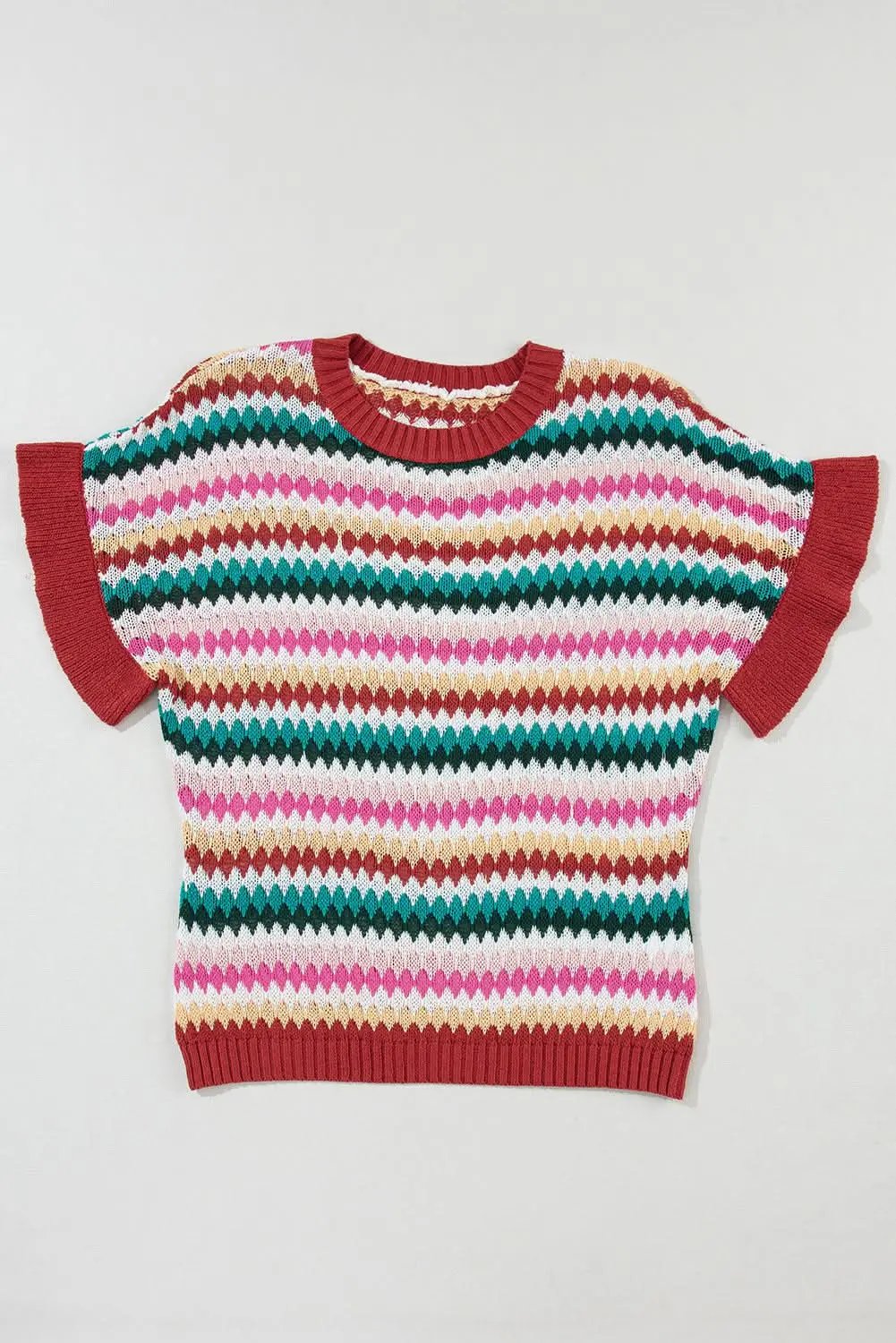 Fiery Red Trimmed Ruffle Sleeve Colorful Textured Sweater - Love Salve